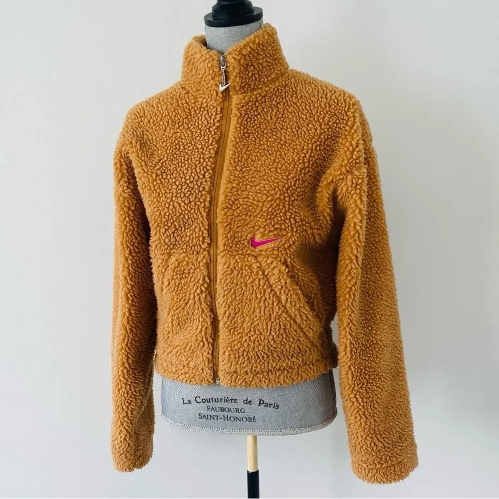 Nike Brown Sherpa Fleece Jacket Pink Embroidered Logo S Sold by Revolve - Picture 2 of 13